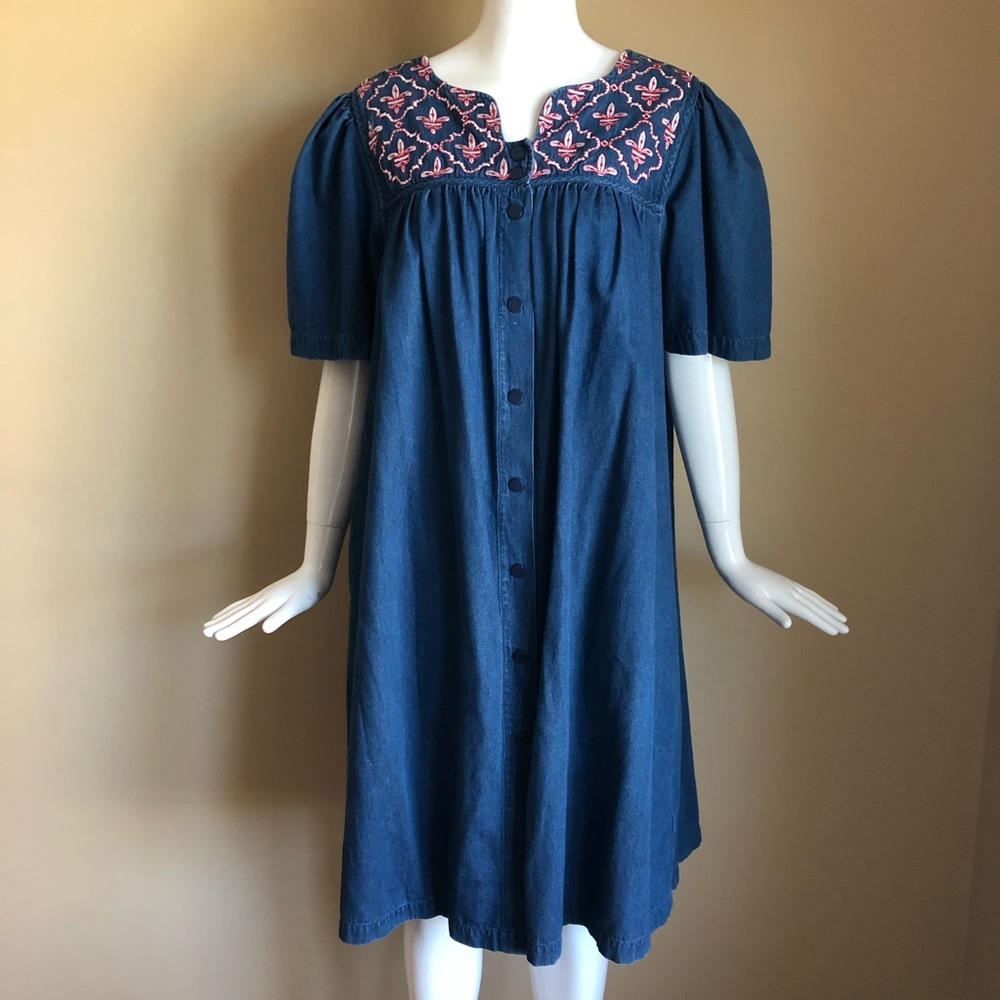 Go Softly Patio Denim Button Up House Dress with Red Embroidery